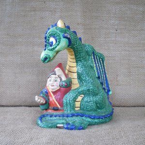 Vintage Handmade Ceramic Dragon & Wizard Figurine